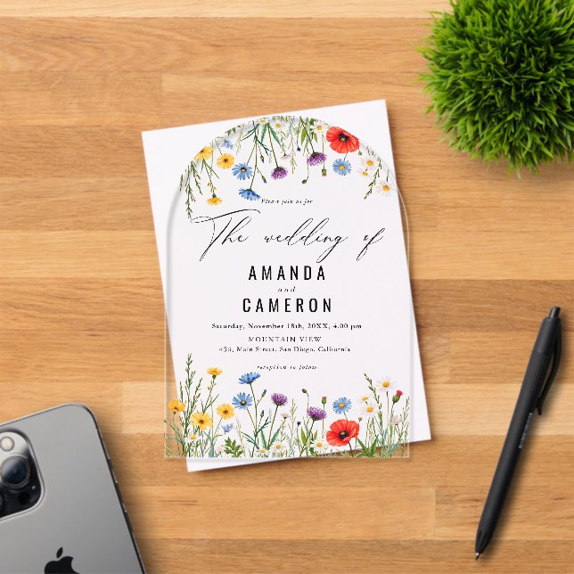 Invitations En Acrylique Elégant Mariage floral Dusty Blue Navy (Insitu (Carte d'invitation))