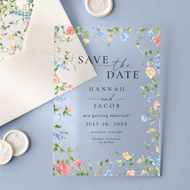 Invitations En Acrylique Élégant mariage floral Fleur sauvage Enregistrer l (Créateur téléchargé)