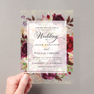 Invitations En Acrylique Élégant mariage floral or burgundy