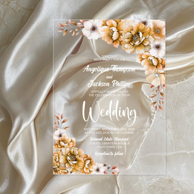 Invitations En Acrylique Élégant Mariage Floral Orange (Créateur téléchargé)