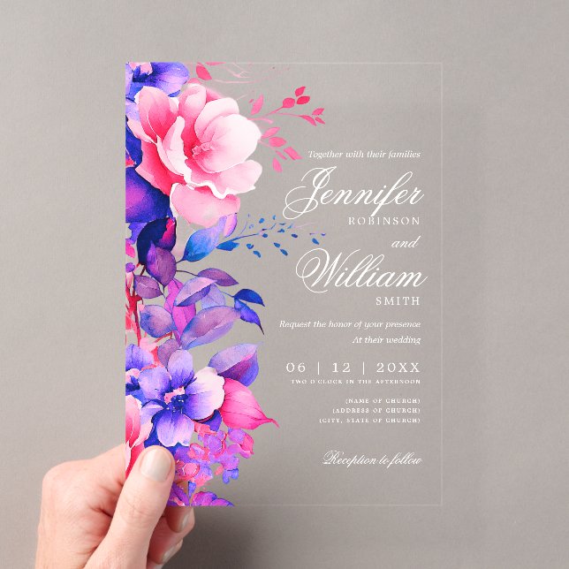 Invitations En Acrylique Élégant Mariage floral romantique Script violet (In situ (ordinateur de poche))