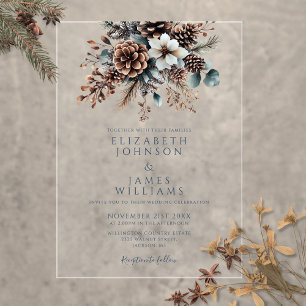 Invitations En Acrylique Élégant Mariage floral rustique Pinecone
