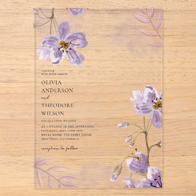 Invitations En Acrylique Élégant Mariage floral violet clair (Recto)