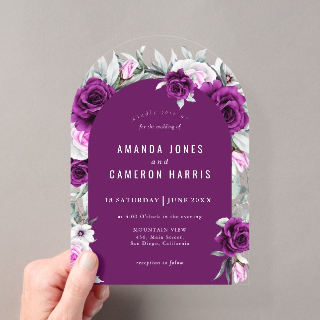 Invitations En Acrylique Élégant Mariage géométrique violet rustique (In situ (ordinateur de poche))