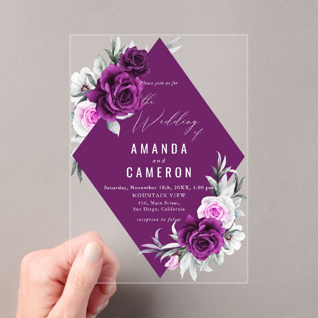 Invitations En Acrylique Élégant Mariage géométrique violet rustique (In situ (ordinateur de poche))