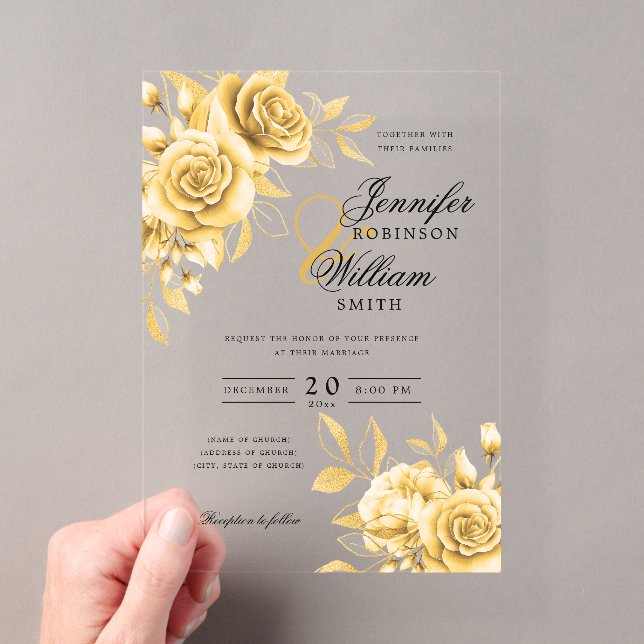 Invitations En Acrylique Elégant Mariage Gold Roses Floral thème (In situ (ordinateur de poche))