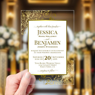 Invitations En Acrylique Élégant Mariage Luxueux Texte Doré et Blanc
