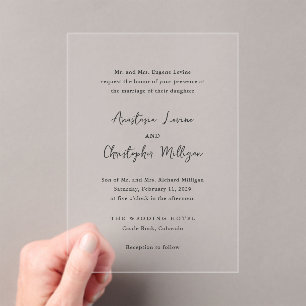 Invitations En Acrylique Élégant Mariage noir et blanc propre