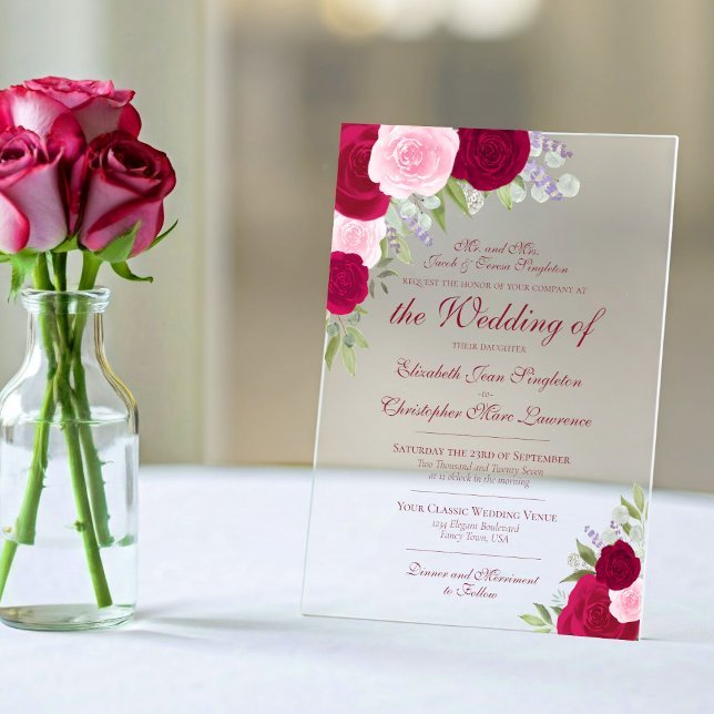 Invitations En Acrylique Élégant Mariage officiel Magenta & Roses roses ros (Créateur téléchargé)