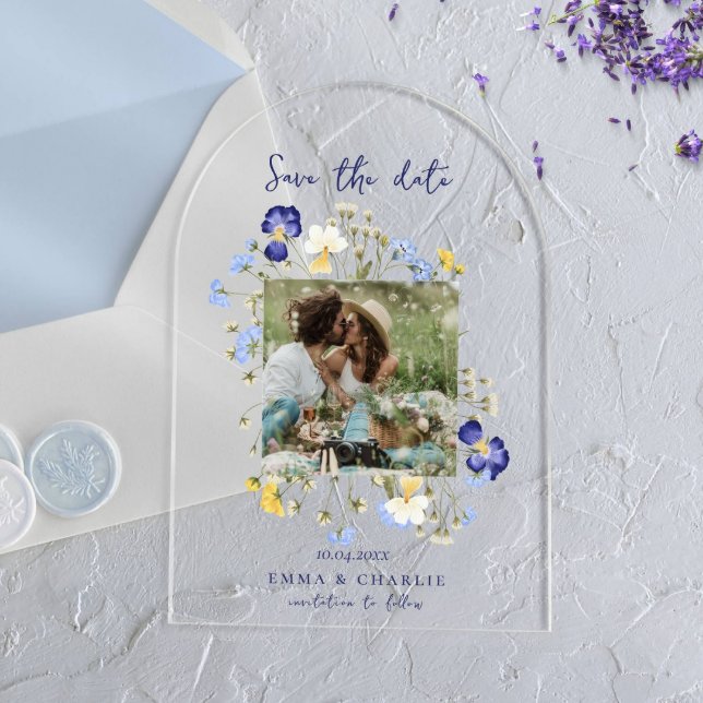 Invitations En Acrylique Élégant Mariage Photo fleur sauvage Enregistrer La (Créateur téléchargé)