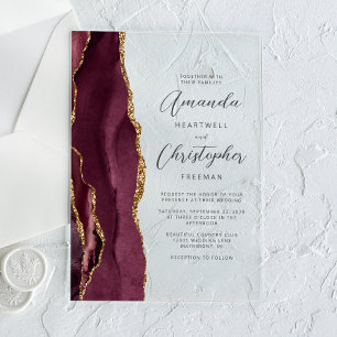 Invitations En Acrylique Élégant Mariage Script Or Agate Bourgogne