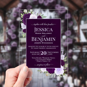 Invitations En Acrylique Élégant Mariage Texte Bohème Roses Violet