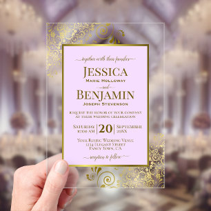 Invitations En Acrylique Élégant Mariage Texte Lilac Violet & Or