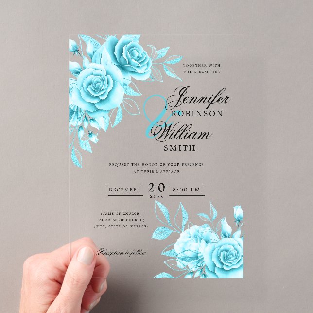 Invitations En Acrylique Elégant Mariage Turquoise Rose Floral Thème (In situ (ordinateur de poche))