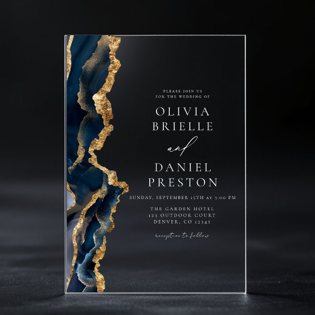 Invitations En Acrylique Élégant Marine Blue Gold Agate Mariage Monogramme (Créateur téléchargé)
