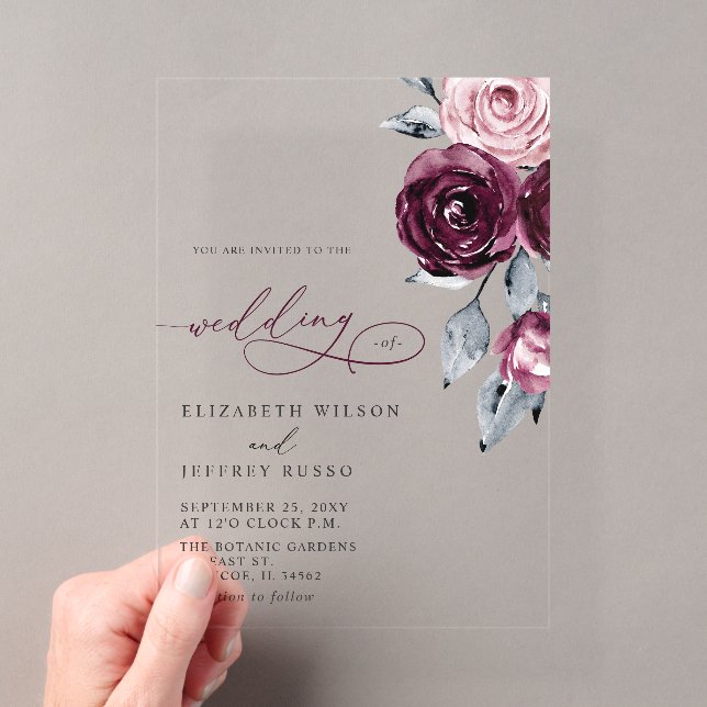 Invitations En Acrylique Elegant Modern Burgundy Floral Wedding (In situ (ordinateur de poche))