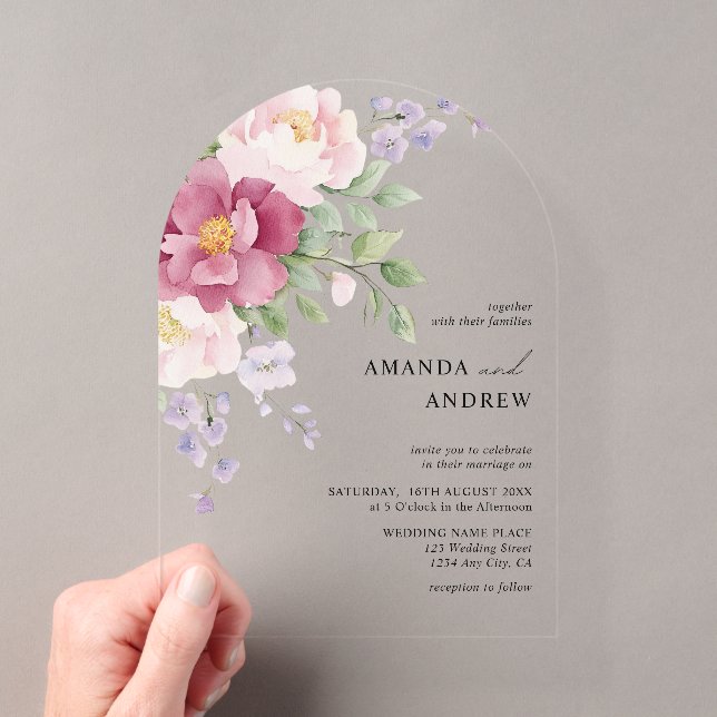Invitations En Acrylique Elégant moderne Aquarelle Peonies Mariage (In situ (ordinateur de poche))