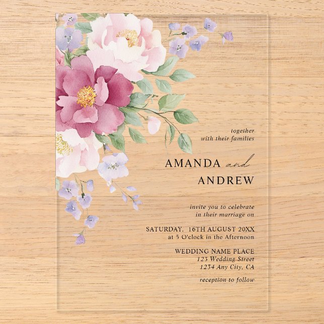 Invitations En Acrylique Elégant moderne Aquarelle Peonies Mariage (Recto)