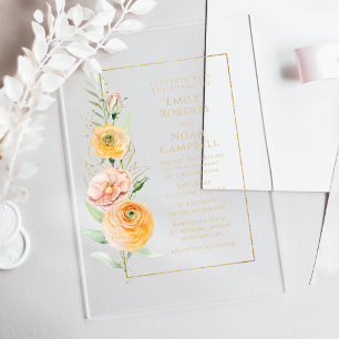 Invitations En Acrylique Élégant Moderne Fleurs Aquarelle Orange Jaune