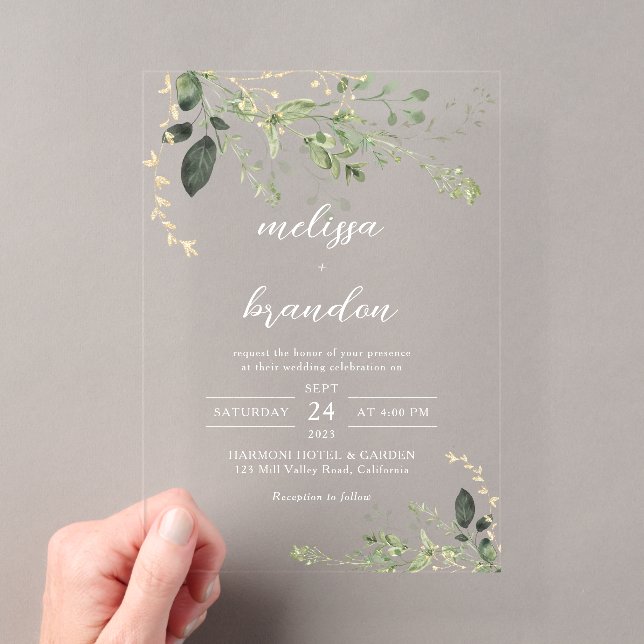 Invitations En Acrylique Elégant moderne Gold Green Mariage Eucalyptus (In situ (ordinateur de poche))