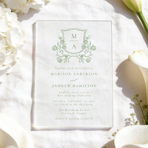 Invitations En Acrylique Élégant Monogramme de Crête Florale Verte pour Mar