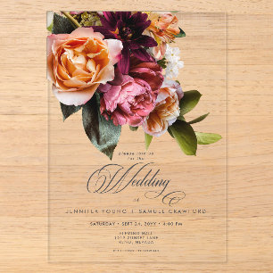 Invitations En Acrylique Élégant Moody Bourgogne & Mariage rose
