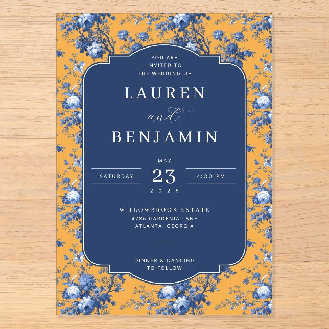 Invitations En Acrylique Elegant Navy Floral Mustard (Recto)
