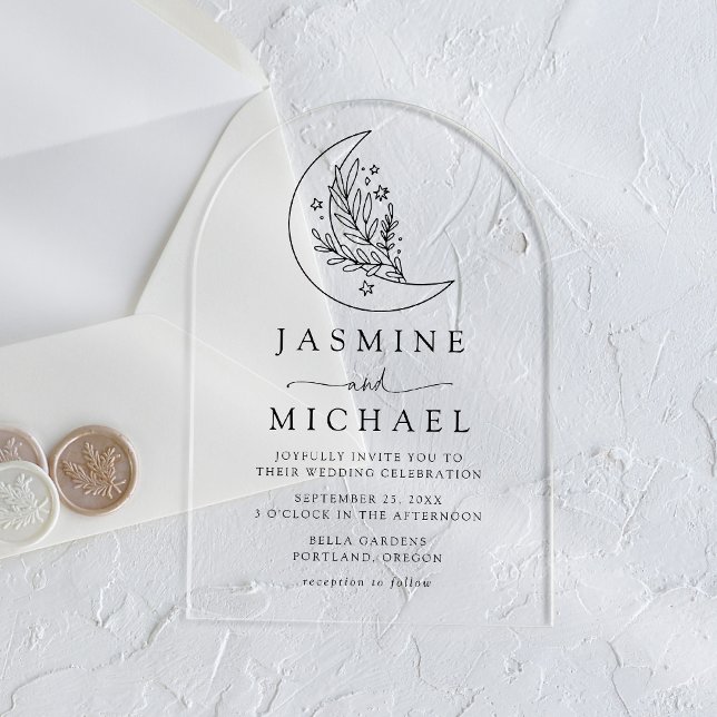 Invitations En Acrylique Élégant noir de la lune et des étoiles Mariage (Créateur téléchargé)