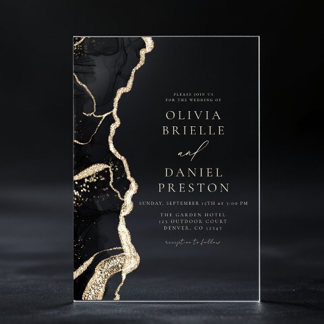 Invitations En Acrylique Elégant Noir Or Agate Mariage Élégant Chic (Créateur téléchargé)