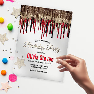 Invitations En Acrylique Elégant noir rouge or gouttes parties scintillant 