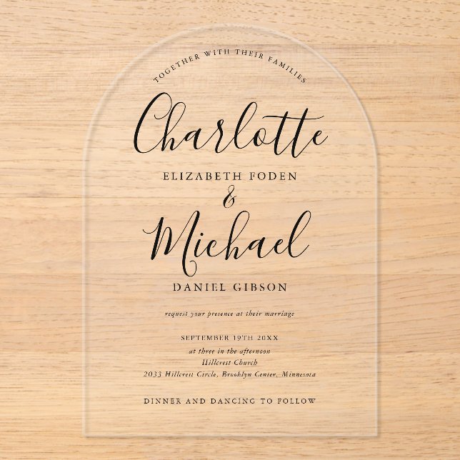 Invitations En Acrylique Élégant Noir Signature Script Arch Mariage (Recto)