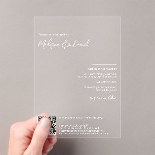 Invitations En Acrylique Elégant nom blanc calligraphie Qr code mariage