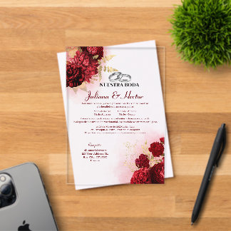 Invitations En Acrylique Élégant Notre Mariage Rouge Or Floral Mariage