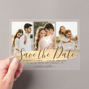 Invitations En Acrylique Élégant Or 3 Photo Mariage Enregistrer La Date
