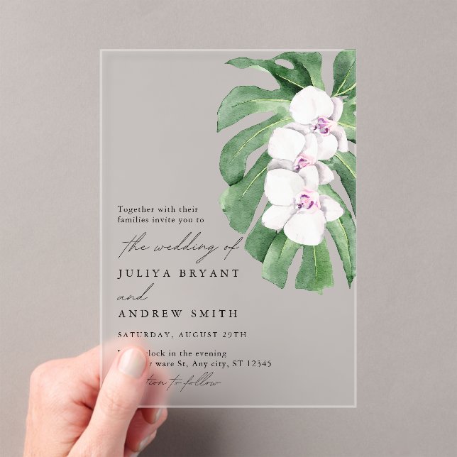 Invitations En Acrylique Elegant  Orchid on Tropical leaf script wedding (In situ (ordinateur de poche))