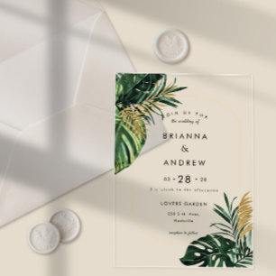 Invitations En Acrylique Élégant, Palmier Vert, Bordure Dorée (Imitation)