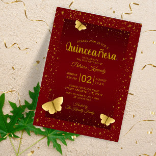 Invitations En Acrylique Élégant Papillons Burgundy Et Or Quinceanera