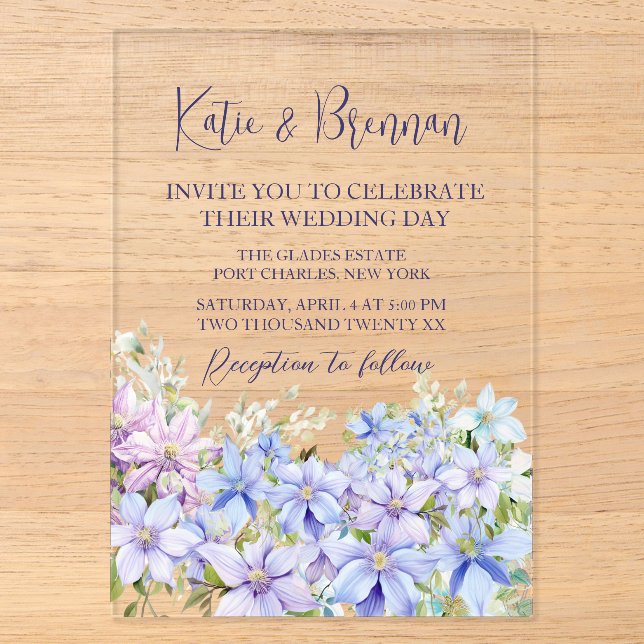 Invitations En Acrylique Élégant Periwinkle Clematis Mariage (Recto)