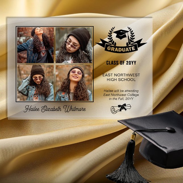 Invitations En Acrylique Elégant quatre photo noir | Effacer la graduation (Elegant Four Photo Black Text on Clear Graduation Acrylic Announcement)