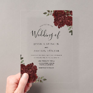 Invitations En Acrylique Élégant romantique Bourgogne Rouge Rose Mariage