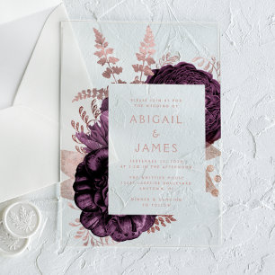 Invitations En Acrylique Élégant Romantique Rose Doré Floral Pourpre