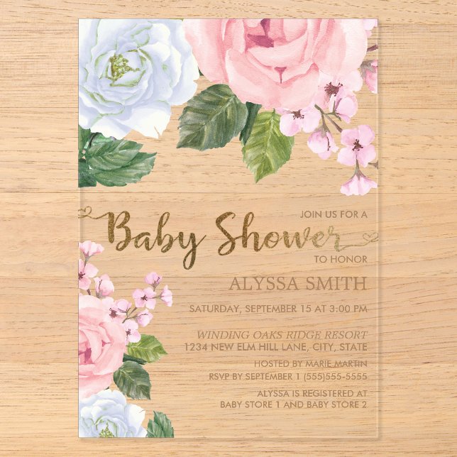Invitations En Acrylique Élégant rose blanc Rose  Script Baby shower (Recto)