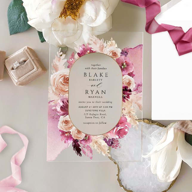 Invitations En Acrylique Elégant rose, Bourgogne, Mariage Floral Champagne (Créateur téléchargé)