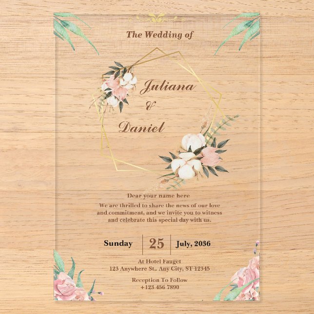 Invitations En Acrylique Elégant rose clair Acrylique Mariage Invitations (Recto)