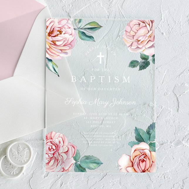 Invitations En Acrylique Élégant rose Floral Religieux Croix Fille Baptême (Elegant Pink Floral Religious Cross Girl Baptism Acrylic Invitations)
