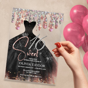 Invitations En Acrylique Elégant rose or noir robe douce 16 monogramme
