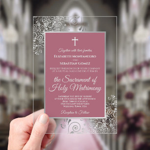 Invitations En Acrylique Élégant Rose Poussiéreux Orné Argent Mariage Catho