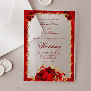 Invitations En Acrylique Élégant Rouge or Floral Roses Mariage officiel