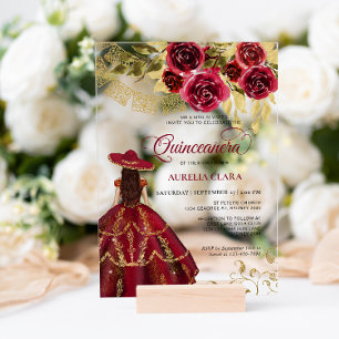 Invitations En Acrylique Élégant rubis floral rouge Charra Quinceañera