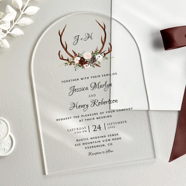 Invitations En Acrylique Élégant Rustique Floral Antlers Mariage (Créateur téléchargé)